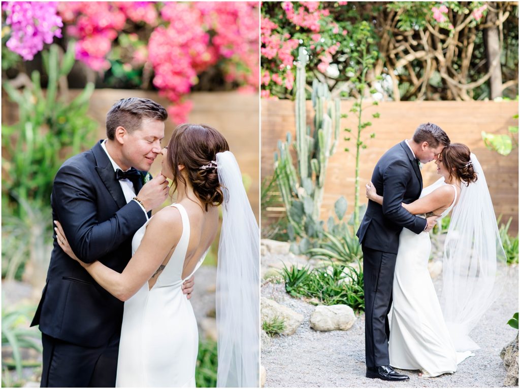 bride kissing groom at sunken gardens