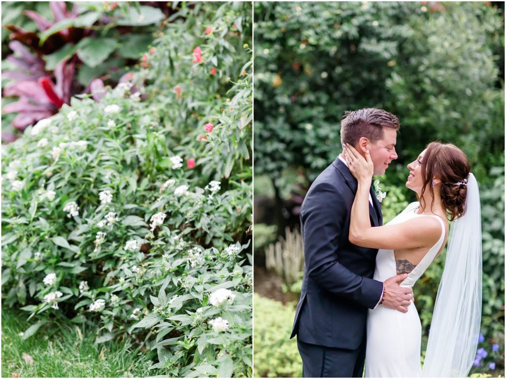 bride looking at groom and flowers 