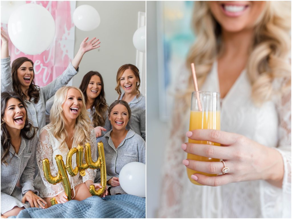 bridesmaids cheering with mimosas