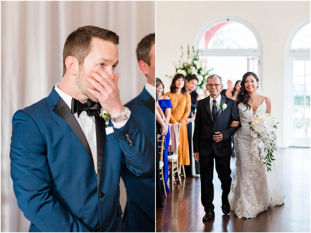 Groom crying looking at bride