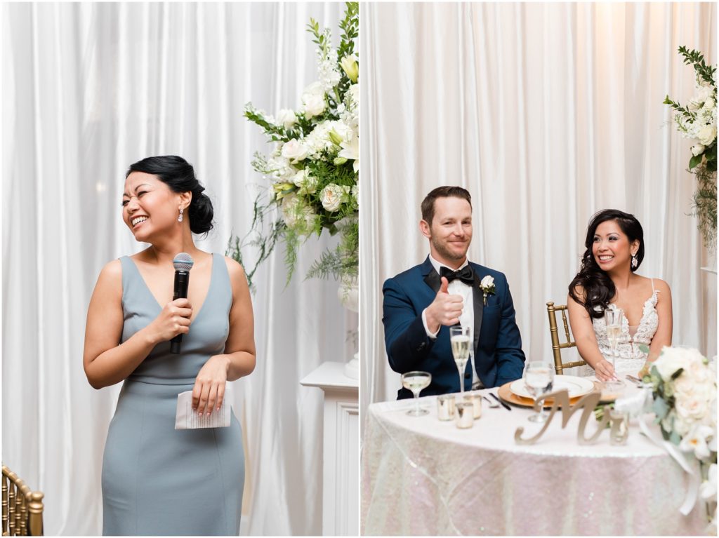 Bridesmaid giving speech and laughing