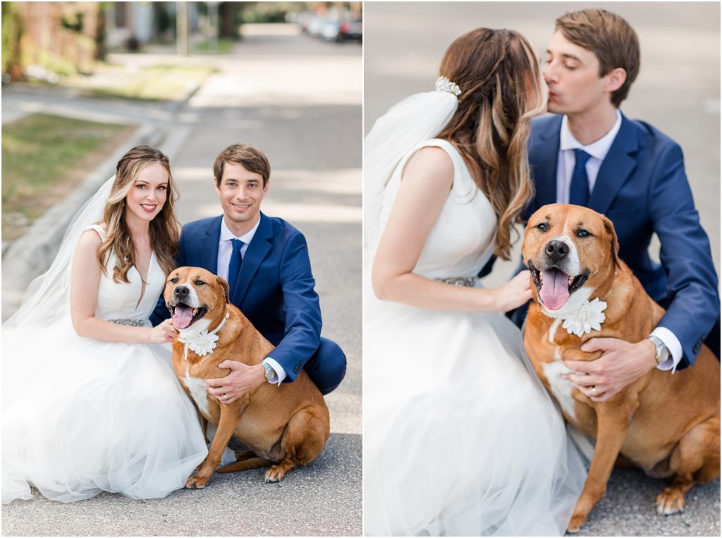 bride and groom kissing with their dog in tampa florida