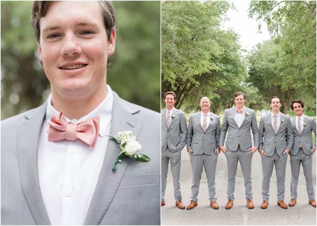 blush bow tie on groom with grey suit