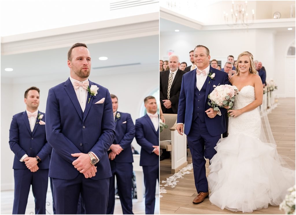 groom seeing bride for the first time at harborside chapel