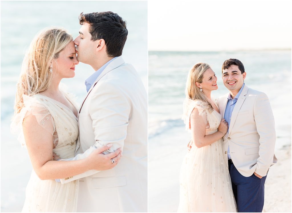a groom kissing his bride on the beach at fort desoto