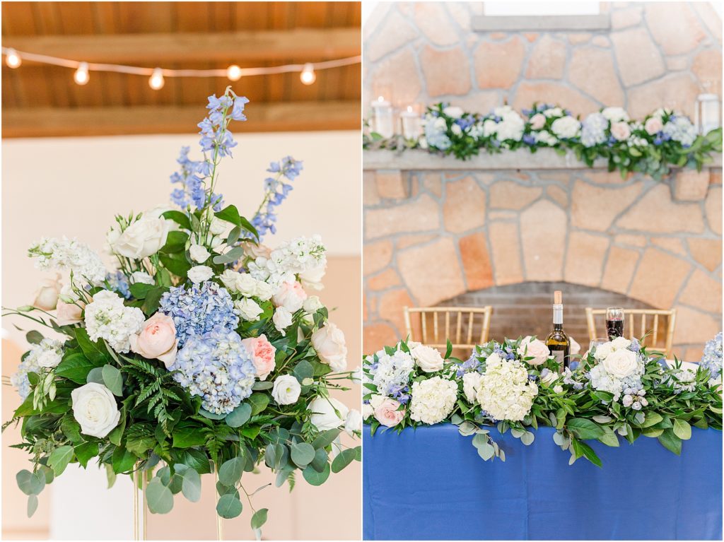 blue and blush wedding reception at magnolia building
