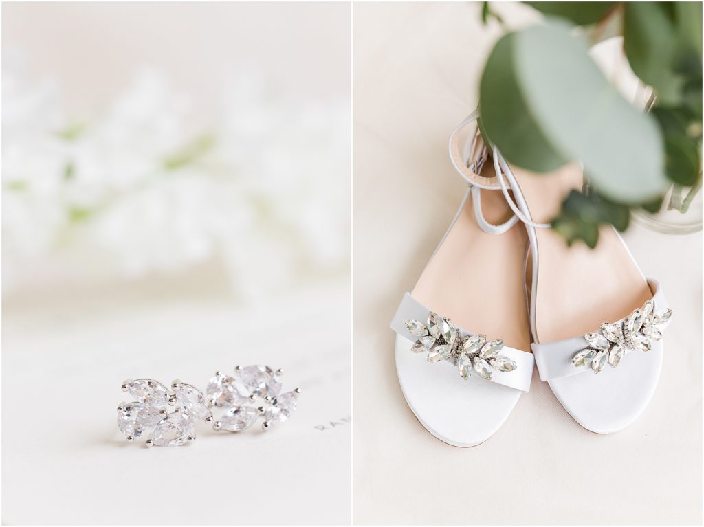 white wedding sandals on a styling mat