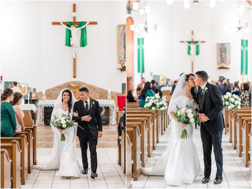 bride and groom walking down the aisle at holy cross catholic church sarasota