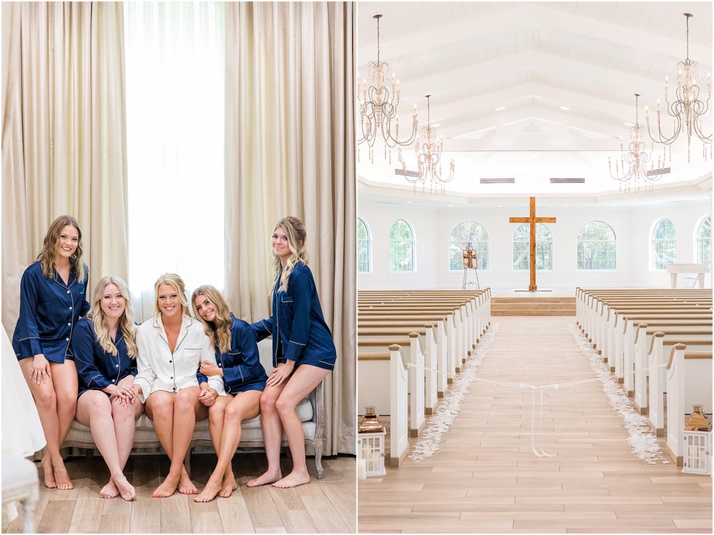 girls sitting on couch in bridal suite at harborside chapel