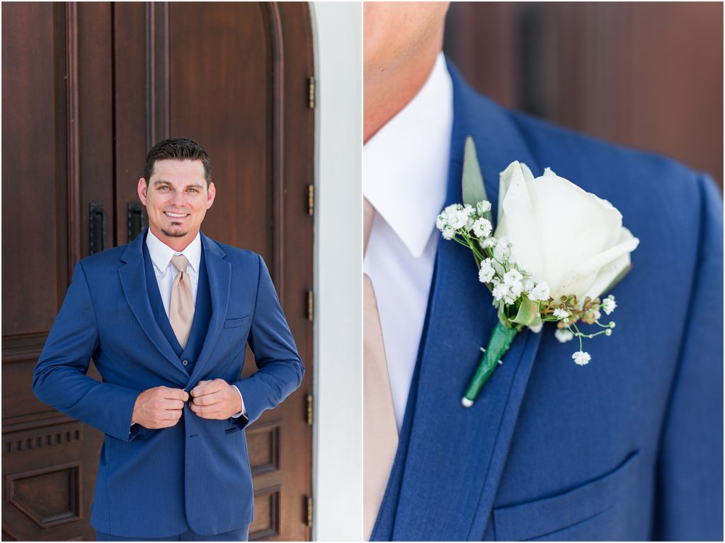 groom buttoning his jacket at wedding